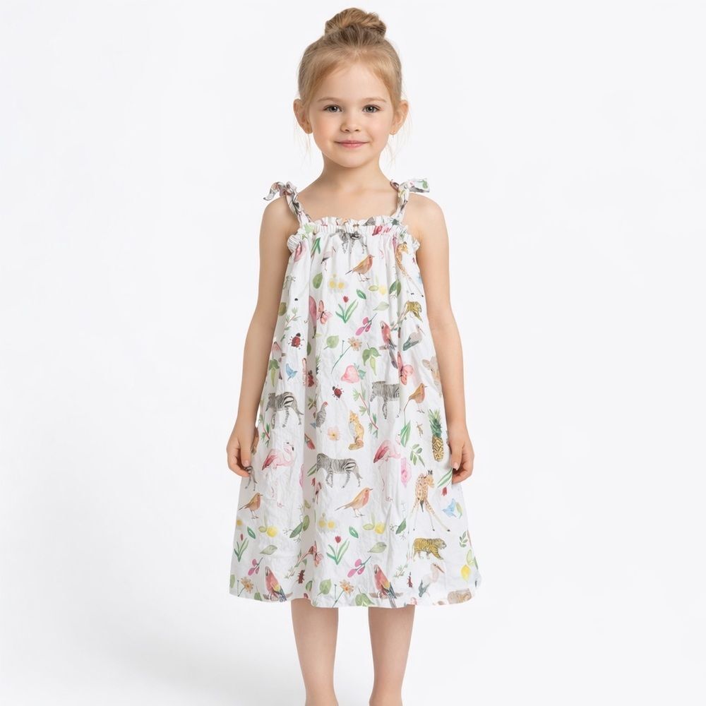 Brooke Wright Kids Coco Animal Print Dress White Size 6 Cottagecore Summer